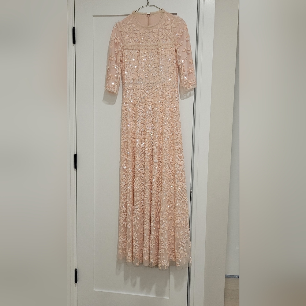 Needle and thread (built up) gorgeous pink sequin gown with 3/4 sleeves.Size 2-4